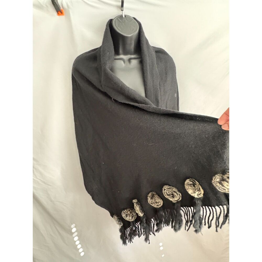 Wool Shawl Genuine Rabbit Fur Trim Old Money Quiet Luxury Stealth Wealth Scarf